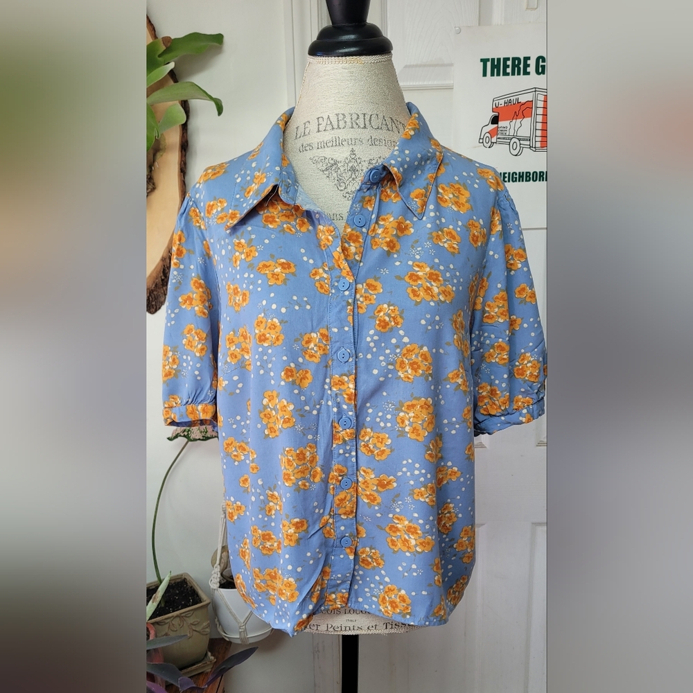 ModCloth x Princess Highway - Blue and Orange Poppy Floral Button-Up Shirt Sz 14